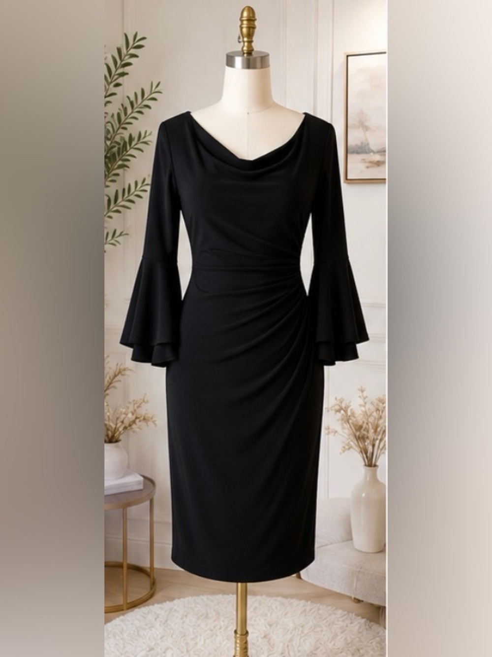 Ralph Lauren Black Long-Sleeve Cowl Neck Sheath Dress